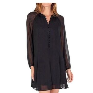 Joie Black Sheer Sleeve Button Front Silk Blend Mini Dress Womens Medium